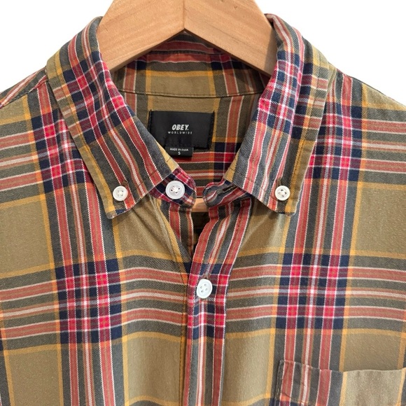 Obey Shirt Mens Small Plaid Button Down Fall Autumn Long Sleeve Brown Red Black - Picture 2 of 9